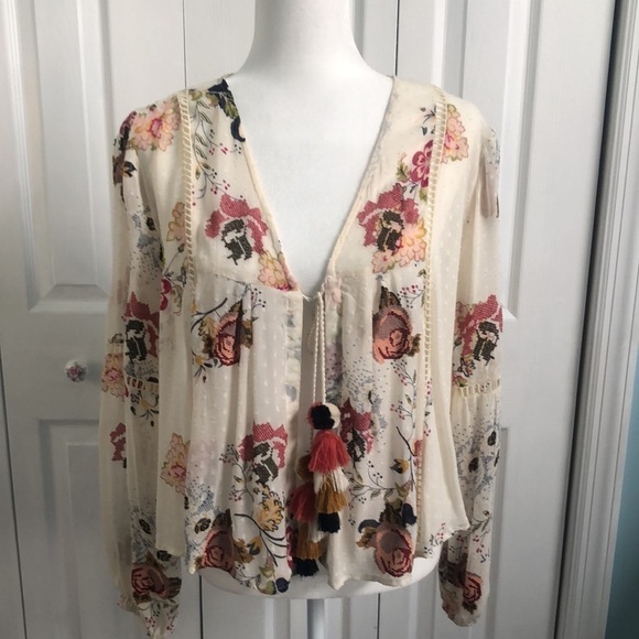 Zara Floral Embroidered Tie Front Sheer Blouse With Pom Pom Tassels Size Small - Picture 9 of 12